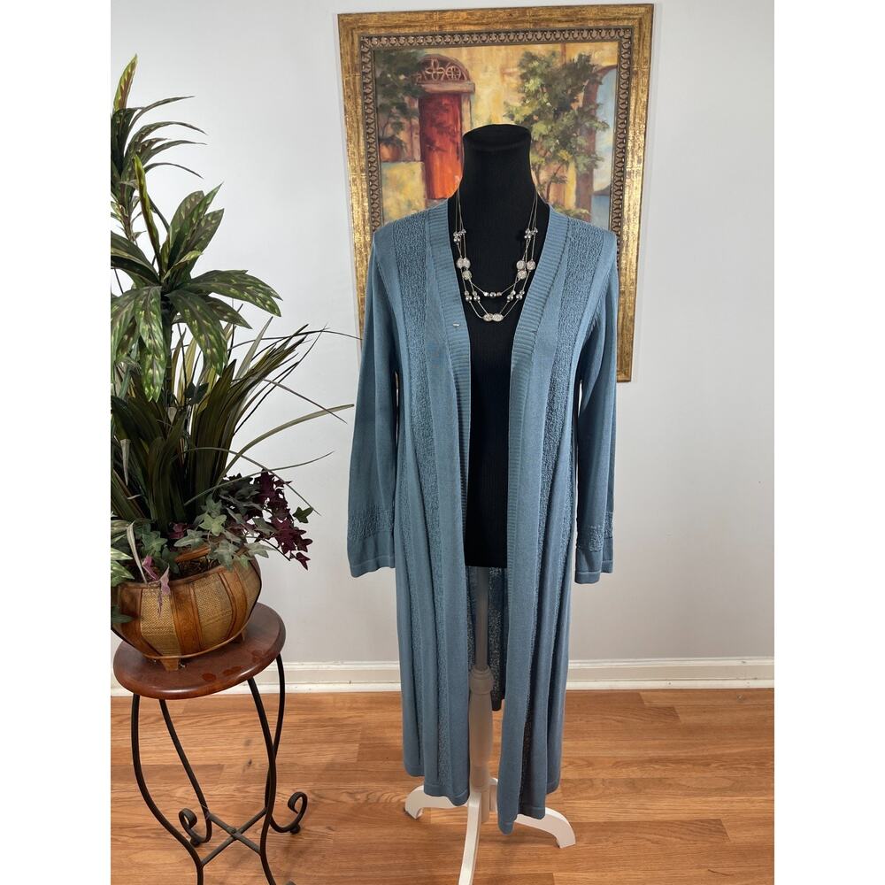 Women's Cardigan M Blue Knit Lightweight Open Front Longline Duster Grandmother